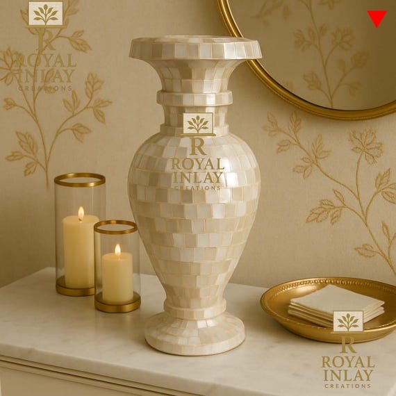 Jarrón Decorativo De Cerámica Con Cristales Triturados - Diseño Floral Románico, Color Oro Blanco, 30 Cm De Alto