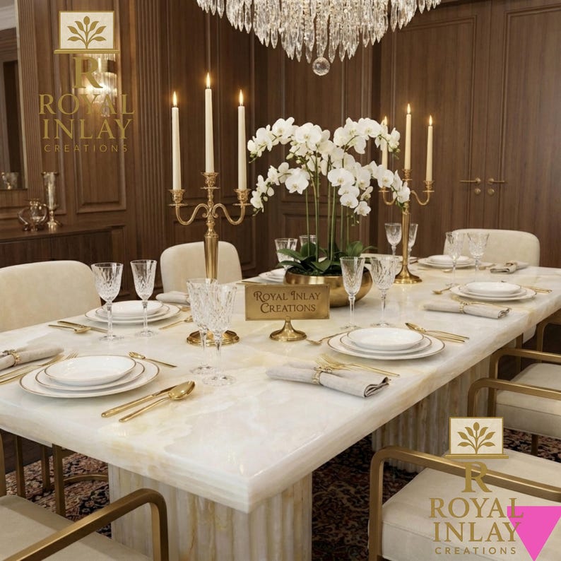 May include: Elegant dining table setting with white plates, gold cutlery, and crystal glassware. Features a centerpiece of white orchids in a gold bowl, lit by candle holders and a chandelier. The table is set for a formal dinner.