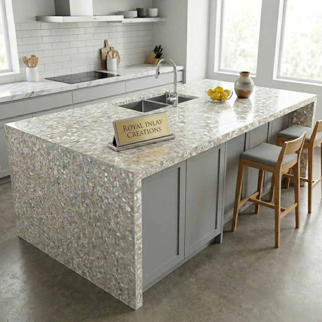 Shell Counter Top Luxury Mother of Pearl Countertop | Custom Shell Inlay Waterfall ...