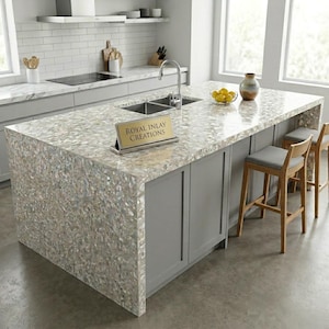 Luxury Mother of Pearl Countertop | Custom Shell Inlay Waterfall Kitchen Island | Bespoke MOP Slab Decor | Iridescent Modern Home Surfaces