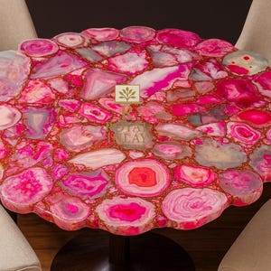 Bold Pink Agate Round TableTop – Luxury Crystal Dining Table | Statement Gemstone Centerpiece | Handmade Resin Stone Art