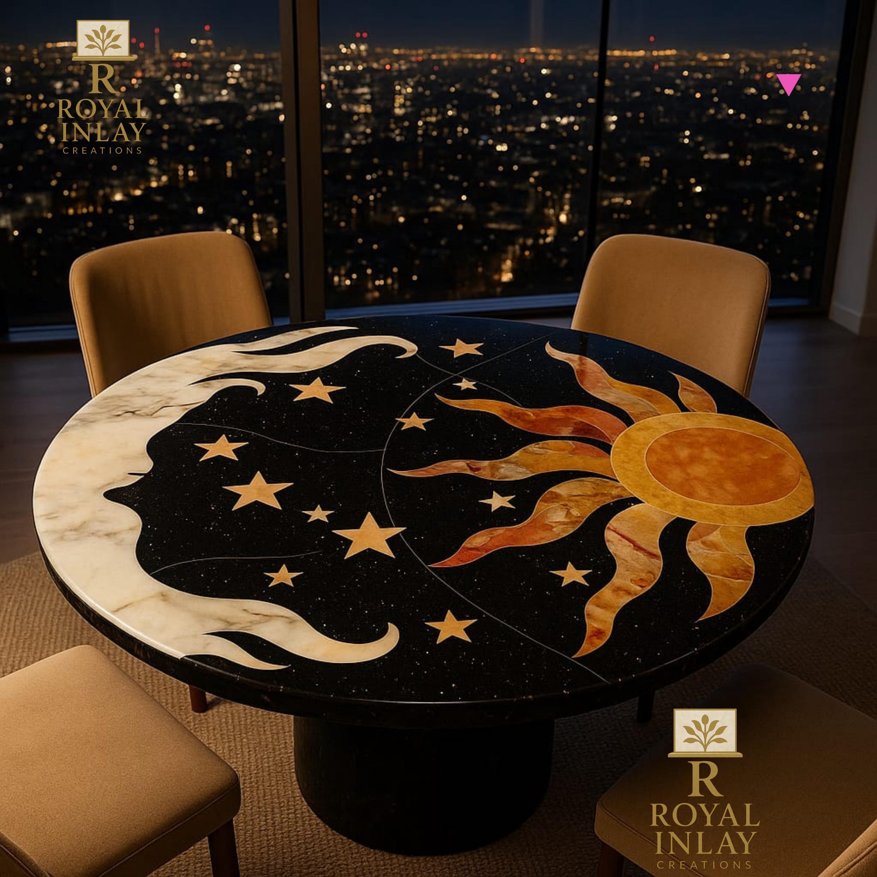 太陽と月テーブル/太陽・月・星をモチーフにした幻想的なテーブル・カフェテーブル 天体大理石象嵌テーブルトップ：太陽、月、星の宇宙デザイン - Etsy 日本