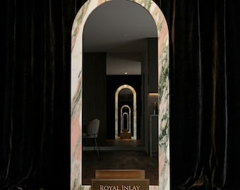 Espejo de pie arqueado de mármol rosa muy raro / Espejo de cuerpo entero de lujo / Decoración de pared de mármol rosa y verde / Espejo hecho a mano