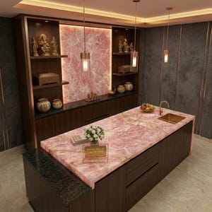 Op de afbeelding: Een modern keukenontwerp met een roze marmeren eilandblad, een gouden kraan en spoelbak. Donkere houten kasten en planken tonen decoratieve items. De tekst "ROYAL INLAY CREATIONS" is zichtbaar.