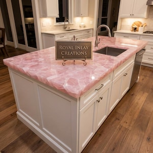 Encimera de cuarzo rosa de lujo: encimera pulida de piedra preciosa rosa para isla de cocina imagen 3