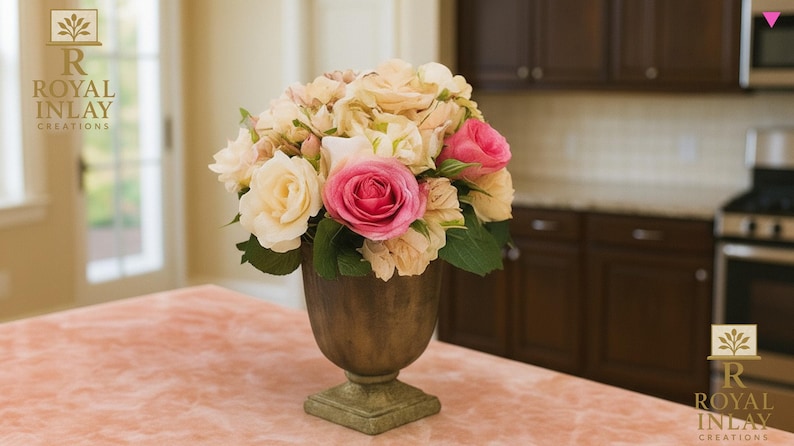 Puede incluir: Un arreglo floral con rosas crema y rosas en una urna de color bronce. La urna tiene una base cuadrada y una superficie texturizada. El arreglo est&aacute; sobre una superficie rosa, con una cocina al fondo.