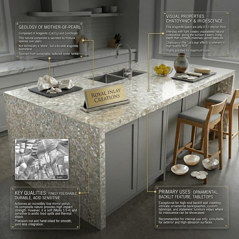 Shell Counter Top Luxury Mother of Pearl Countertop | Custom Shell Inlay Waterfall ...