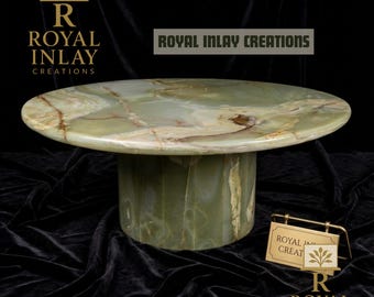 Round Green Onyx Coffee Table | Translucent Natural Stone Plinth | Modern Minimalist Pedestal Center Table | Luxury Bespoke Stone Furniture
