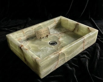 Green Onyx Vessel Sink | Translucent Rectangular/Square Stone Basin | Modern Minimalist Bathroom Vanity Sink | Hand-Carved Natural Stone