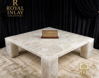 Handcrafted White Quartz Coffee Table | Square Rock Crystal Center Table