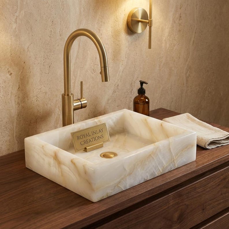 White Onyx Vessel Sink | Translucent Rectangular Stone Basin | Modern ...