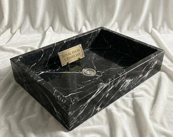 Nero Marquina Marble Vessel Sink | Black & White Rectangular Basin
