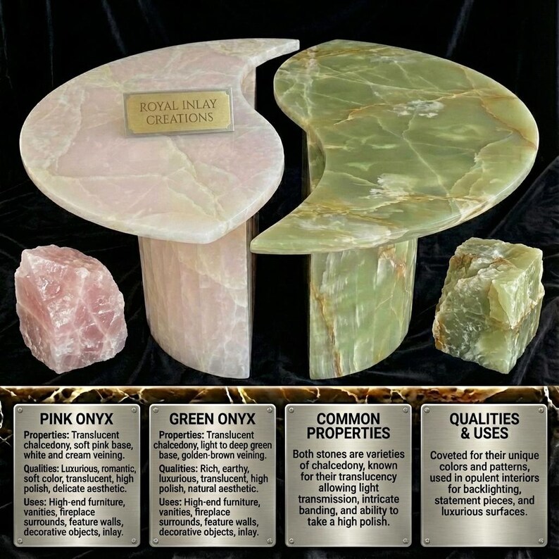 May include: Two onyx tables, one pink and one green, with a unique crescent shape. The pink table has a soft pink base with white veining, while the green table has a light to deep green base with golden-brown veining. The tables are displayed with raw onyx stones.
