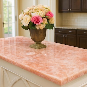 Encimera de cuarzo rosa de lujo: encimera pulida de piedra preciosa rosa para isla de cocina imagen 16