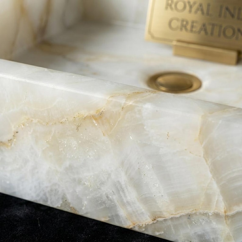 White Onyx Vessel Sink | Translucent Rectangular Stone Basin | Modern ...