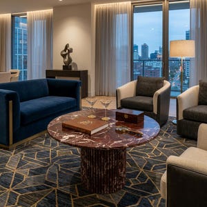 Puede incluir: Un sal&oacute;n lujoso con un sof&aacute; de terciopelo azul, sillones y una mesa de centro redonda. La mesa de centro tiene una tapa de m&aacute;rmol rojo y una base de madera marr&oacute;n oscuro. Una alfombra estampada y vistas a la ciudad completan la escena.