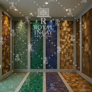Puede incluir: Una exhibici&oacute;n de dise&ntilde;o de interiores con paneles decorativos para paredes y pisos. Los paneles muestran patrones y texturas intrincados en tonos de verde, azul, marr&oacute;n y dorado. El texto "ROYAL INLAY CREATIONS" es visible.