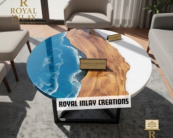 Epoxy Resin River Coffee Table, Live Edge Wood, Ocean Wave Art