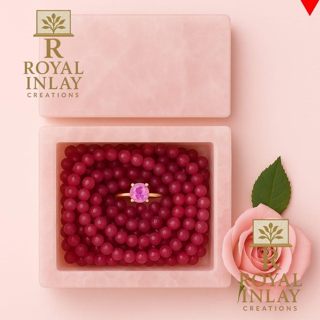 バラ売り可能 手彫りローズクォーツジュエリーボックス：クリスタルリングとビーズ