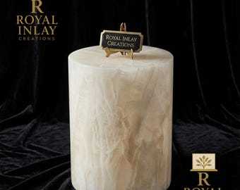 Handcrafted Onyx Crystal Cylindrical Table |  Geometric Sculpture for Home Decor