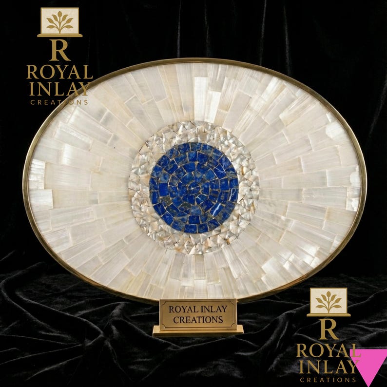 Oval Selenite Tabletop With Lapis Lazuli Inlay | Luxury Brass Rim ...