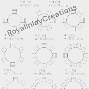 May include: Diagram of round tables with varying sizes and seating arrangements. Includes tables with 3 ft, 4 ft, 5 ft, and 6 ft diameters, each shown with 4, 6, 8, 10, or 12 chairs. The text "RoyalnlayCreations" is watermarked across the image.