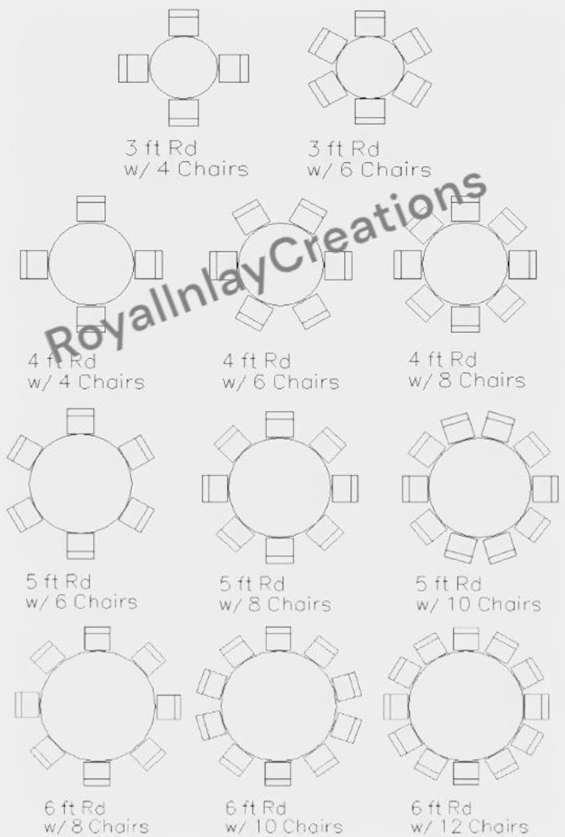 May include: Diagram of round tables with varying sizes and seating arrangements. Includes tables with 3 ft, 4 ft, 5 ft, and 6 ft diameters, each shown with 4, 6, 8, 10, or 12 chairs. The text "RoyalnlayCreations" is watermarked across the image.