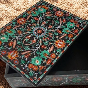 Majestic Keepsake — Black Marble Inlay Box with  Floral Art | Handmade Luxury Storage | Regal Home Decor | Heirloom Gift Idea