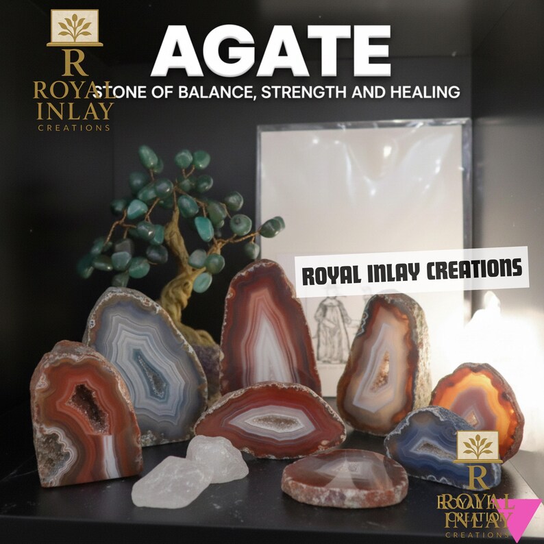 May include: A collection of agate stones in various shapes and colors, including red, brown, blue, and white. The image also features a small, decorative tree made of green stones and the text "AGATE" and "ROYAL INLAY CREATIONS".