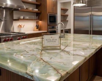 Custom Green Onyx Kitchen Island Countertop | Bookmatched Translucent Slab