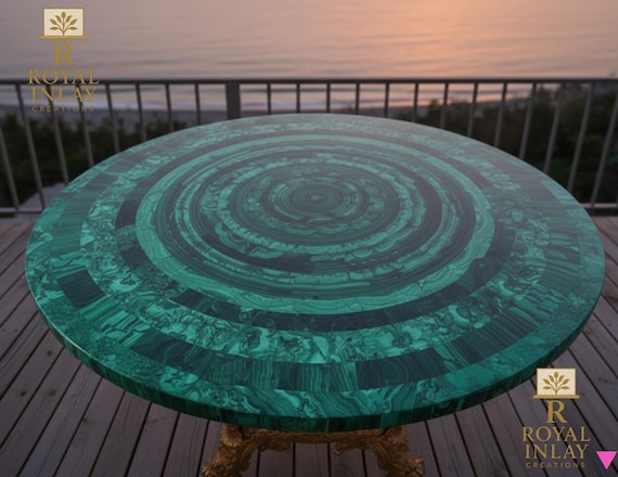 Opulent Green Malachite Table Top: Gold Accent Frame, Luxury Centerpiece