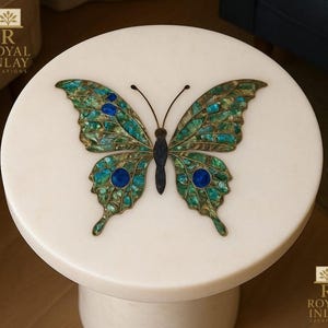 Marble Butterfly Inlay Side Table – Abalone & Lapis Shell Inlaid Round Accent Table for Luxury Living Room or Bedroom Decor