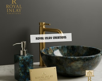 Labradorite Vessel Sink and 5” Soap Dispenser Set, Hand Carved Gemstone