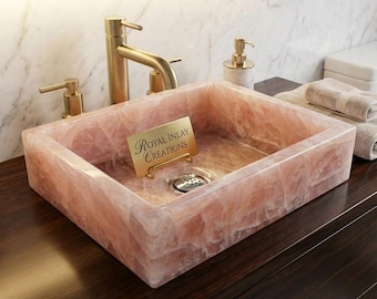 Lavabo rectangular de piedra de cuarzo rosa de lujo: lavabo de baño estilo spa bohemio