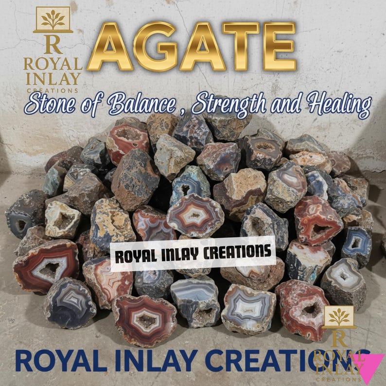 Puede incluir: Una colecci&oacute;n de piedras de &aacute;gata en varios colores, incluyendo rojo, marr&oacute;n, gris y blanco. La imagen presenta el texto "AGATE" y "Stone of Balance, Strength and Healing". El producto es de "ROYAL INLAY CREATIONS".