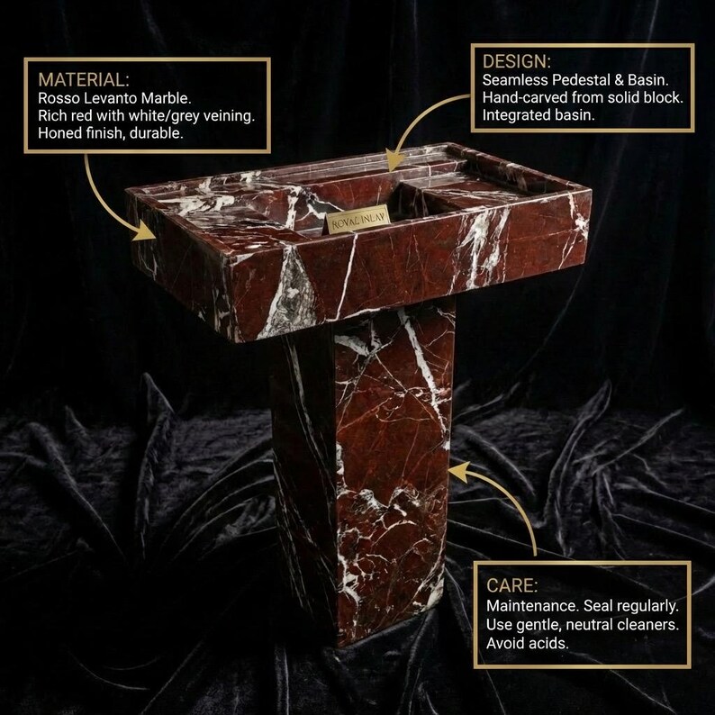 Puede incluir: Un lavabo de pedestal de m&aacute;rmol Rosso Levanto con un dise&ntilde;o sin costuras. La rica piedra roja presenta vetas blancas y grises y un acabado pulido. La pila integrada est&aacute; tallada a mano a partir de un bloque macizo.
