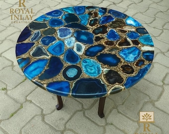 Blue Agate Coffee Tabletop: Handmade Resin Inlay, Crystal Healing Stone