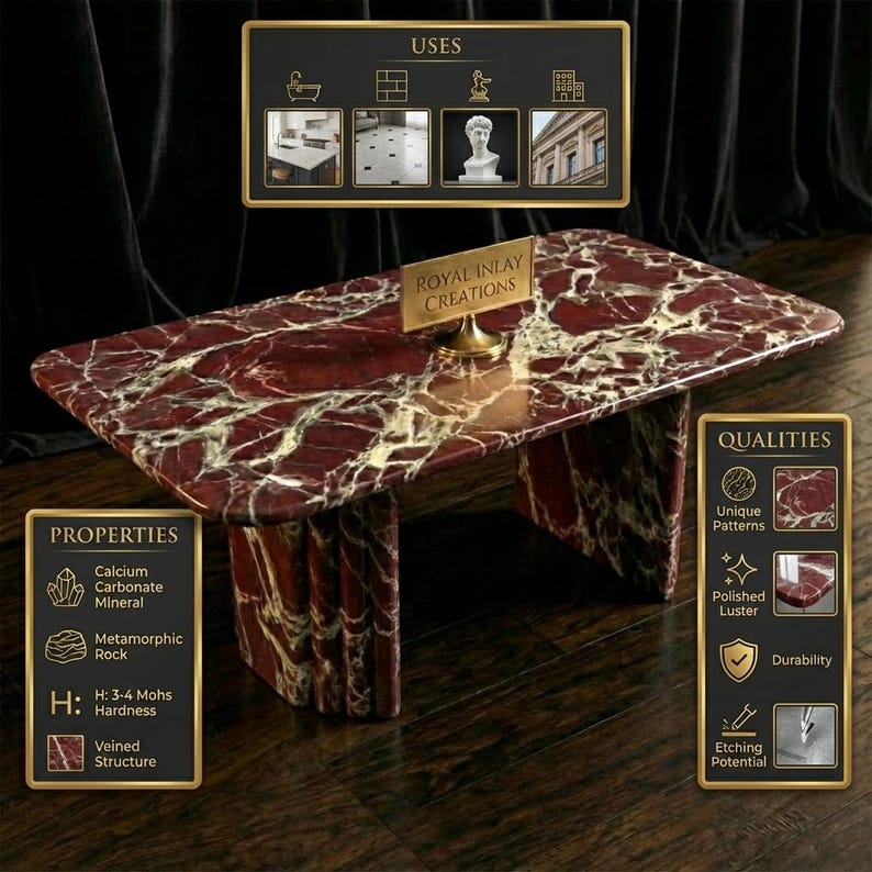 May include: A rectangular red marble coffee table with white veining. The table has a polished luster and is made of a calcium carbonate mineral. The table is labeled "Royal Inlay Creations". The image also shows the table's properties and uses.