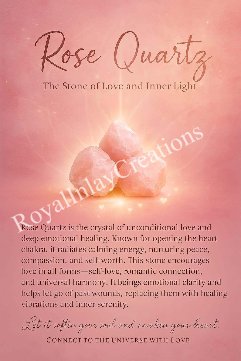 May include: Three rose quartz crystals on a pink background. The text "Rose Quartz" is at the top of the image, and the text "The Stone of Love and Inner Light" is below it. The text "RoyalInlay Creations" is in the lower left corner of the image. The text "Rose Quartz is the crystal of unconditional love and deep emotional healing. Known for opening the heart chakra, it radiates calming energy, nurturing peace, compassion, and self-worth. This stone encourages love in all forms--self-love, romantic connection, and universal harmony. It beings emotional clarity and helps let go of past wounds, replacing them with healing vibrations and inner serenity. Let it soften your soul and awaken your heart. CONNECT TO THE UNIVERSE WITH LOVE" is below the crystals.