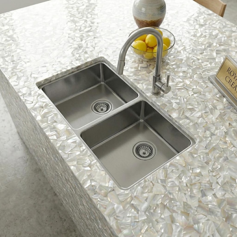 Shell Counter Top Luxury Mother of Pearl Countertop | Custom Shell Inlay Waterfall ...