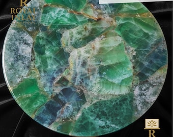 Handmade Fluorite Stone Table Top | Round Gemstone Inlay Accent Decor