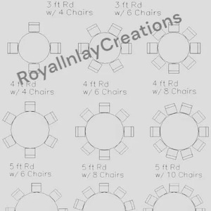 May include: Diagram showing different sizes of round tables with varying numbers of chairs. The table sizes range from 3 feet to 6 feet in diameter, with corresponding chair counts from 4 to 12.