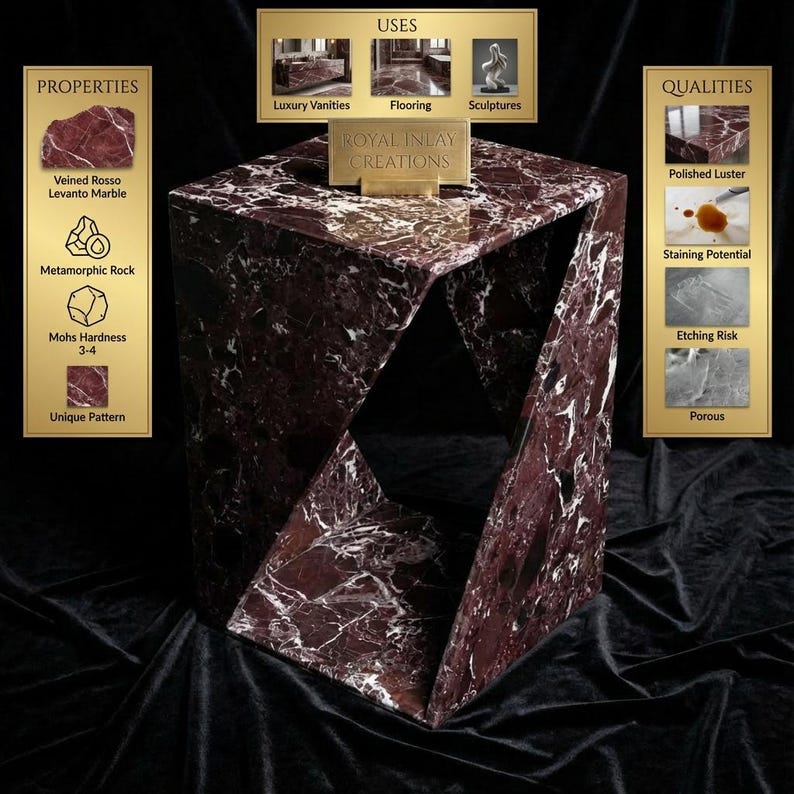 Puede incluir: Un expositor geom&eacute;trico de m&aacute;rmol, fabricado en m&aacute;rmol Rosso Levanto veteado, con un patr&oacute;n &uacute;nico de rojo y blanco. La imagen incluye el texto "Royal Inlay Creations". El expositor es adecuado para tocadores de lujo, suelos y esculturas.