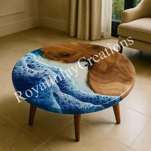 Handmade Epoxy Resin Coffee Table Top: Wood & Ocean Art
