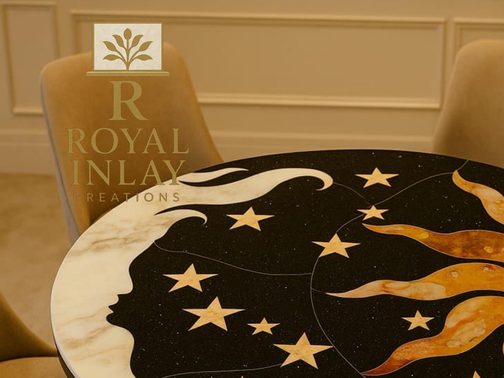 天体大理石象嵌テーブルトップ：太陽、月、星の宇宙デザイン - Etsy 日本
