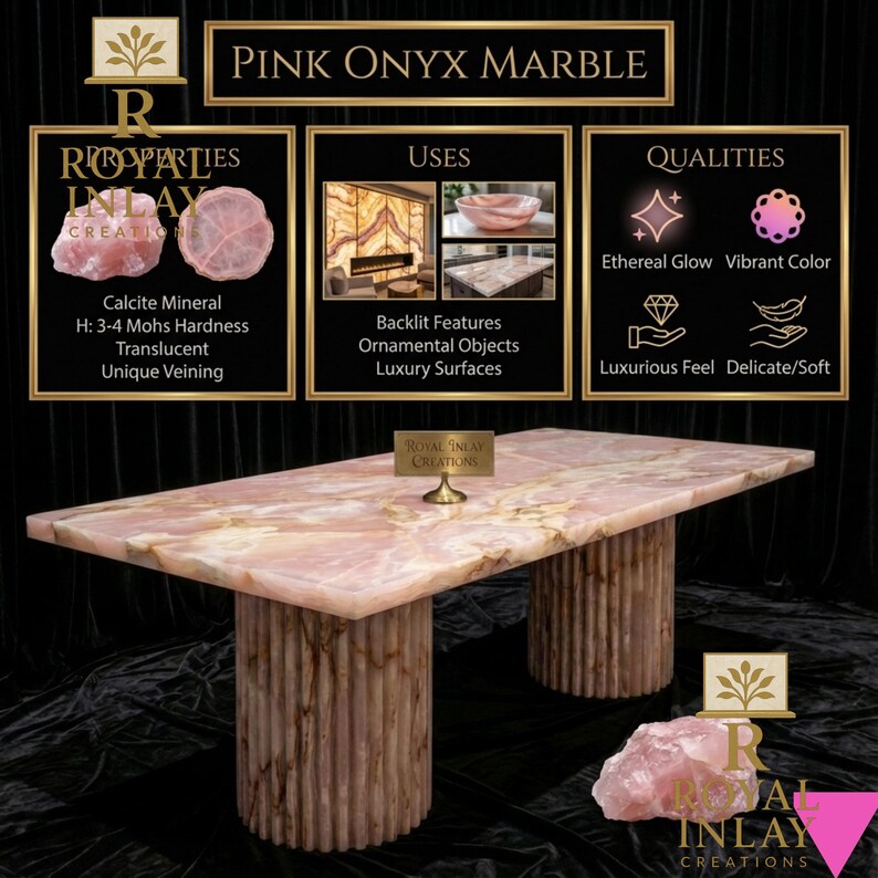 May include: Pink onyx marble table with a rectangular top and two cylindrical bases. The table is made of a translucent, unique veining calcite mineral. The image also includes text that reads "Pink Onyx Marble".