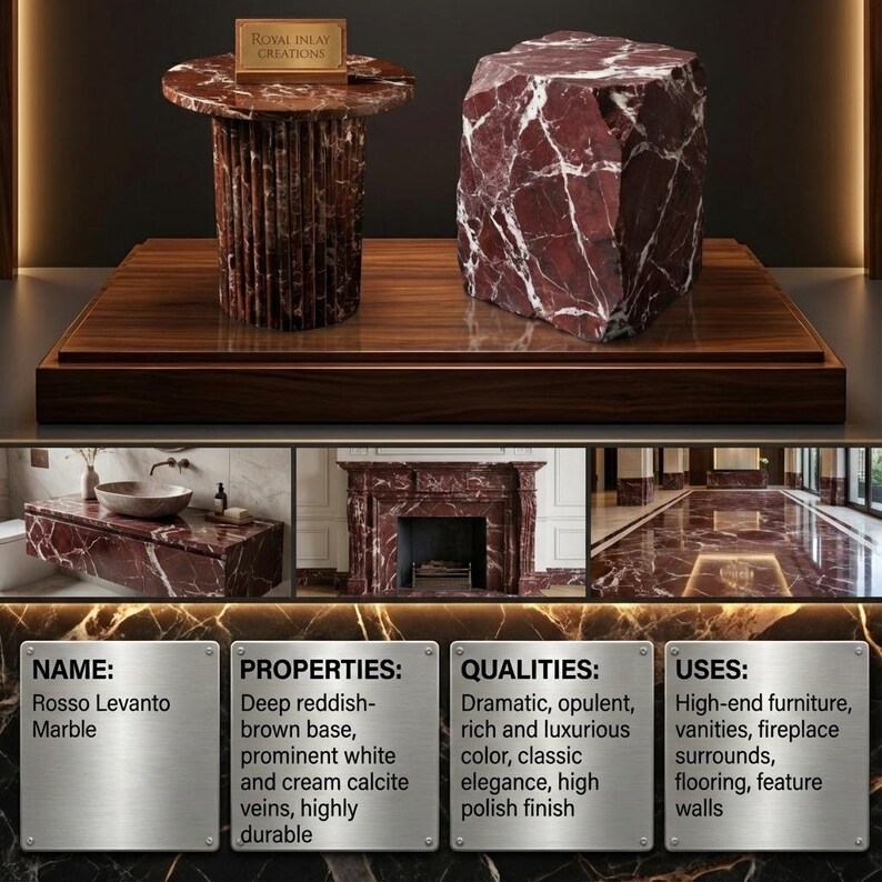 May include: A display of Rosso Levanto marble products. The image features a small table with a round top, a large block, and examples of vanities, a fireplace, and flooring. The marble has a deep reddish-brown base with white and cream veins. The text reads "Royal Inlay Creations."
