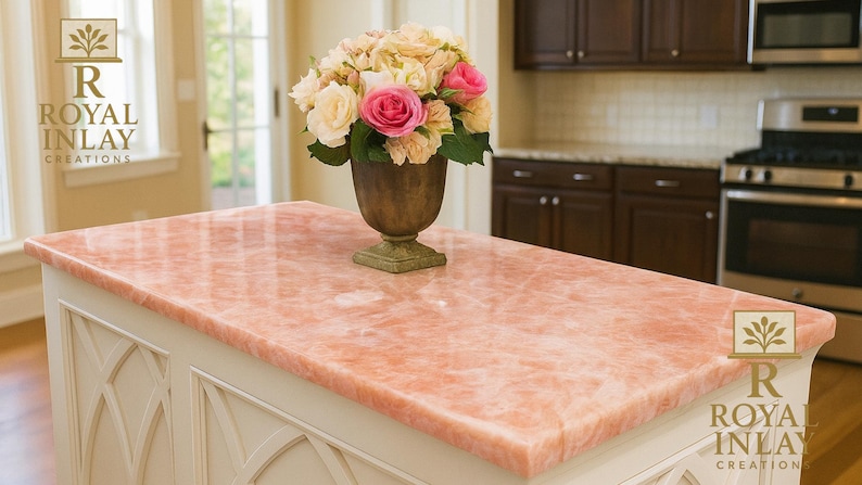 Encimera de cuarzo rosa de lujo: encimera pulida de piedra preciosa rosa para isla de cocina imagen 5