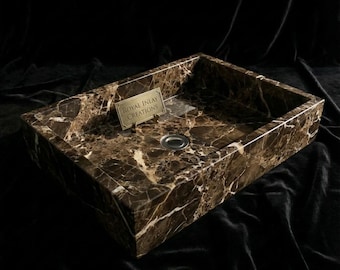 Hand-Carved Dark Emperador Marble Vessel Sink | Rectangular Stone Basin