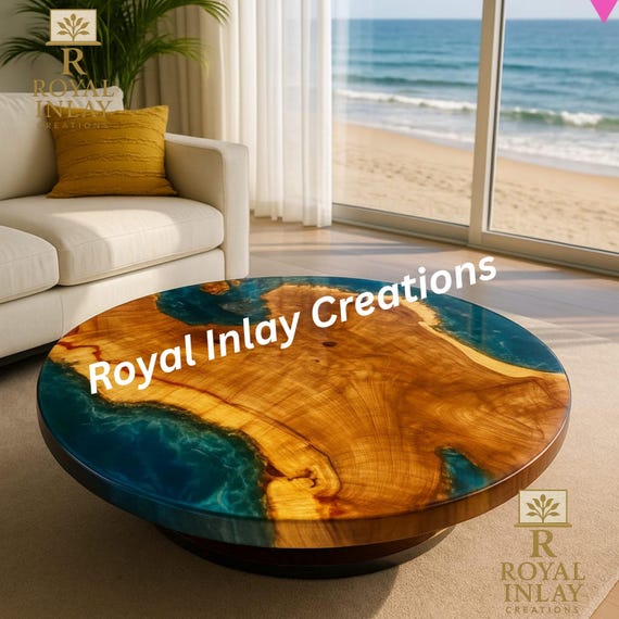 Coastal Epoxy Resin Table Top: Modern Wood Accent Table